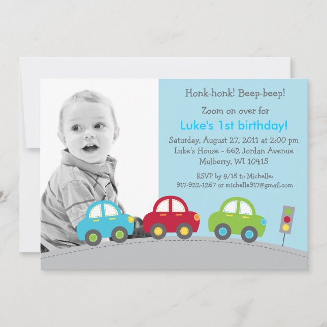 Boys Transportation Car Photo Birthday Invitations (Front)