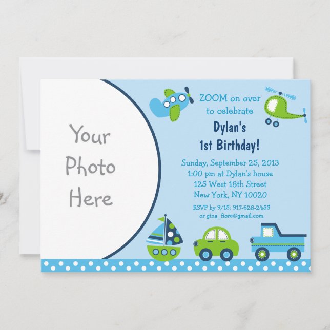 Boys Transportation Photo Birthday Invitations (Front)