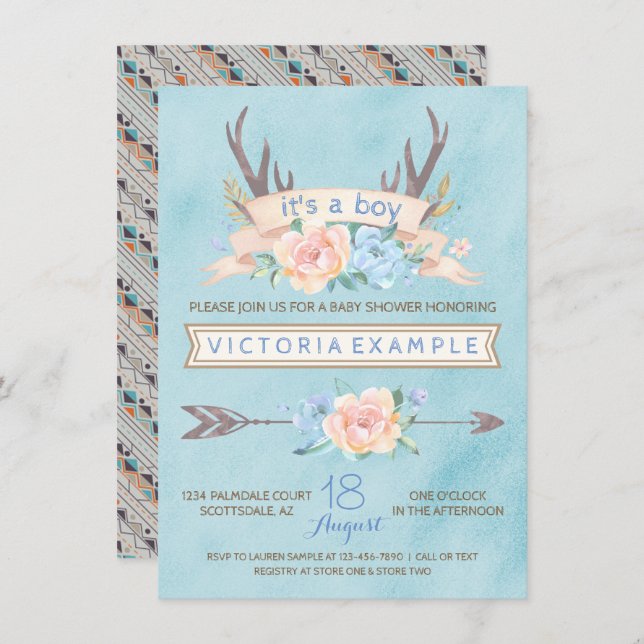 Boys Tribal Antler Floral Baby Shower Invitations (Front/Back)