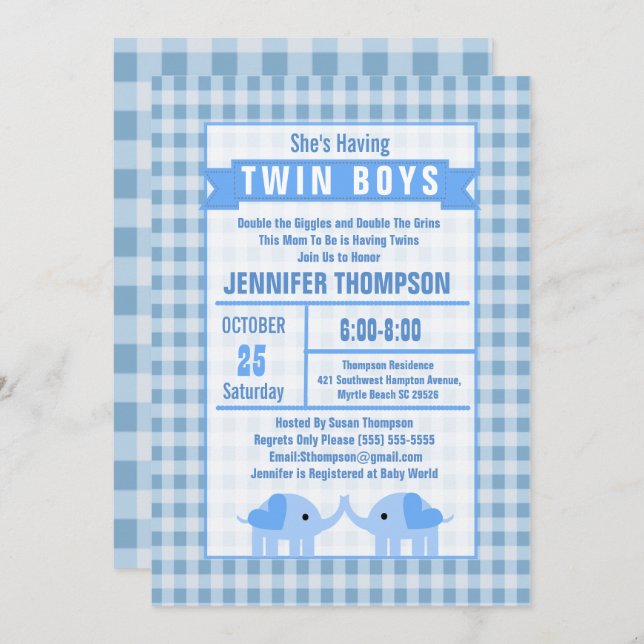 Boys Twin Elephant Baby Shower Blue Gingham Invitation (Front/Back)