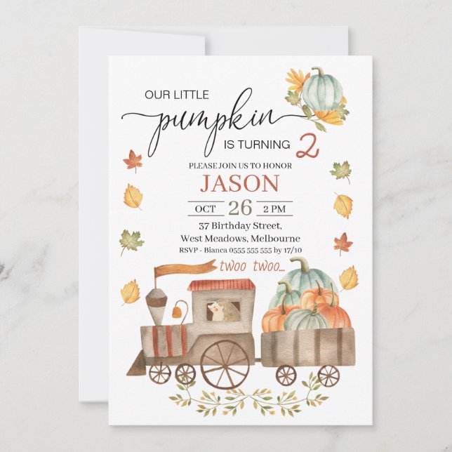Boys Two Two Little Pumpkin Train 2nd Birthday Inv Invitation (Front)