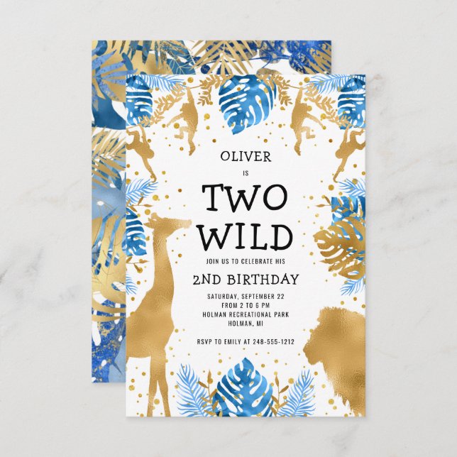 Boys Two Wild 2nd Birthday Blue Gold Safari Invitation (Front/Back)
