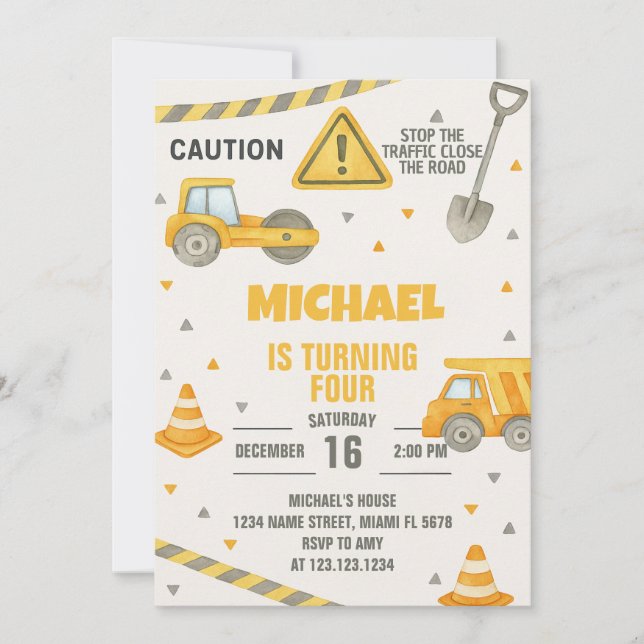 Boys Under Construction Birthday Invitation (Front)