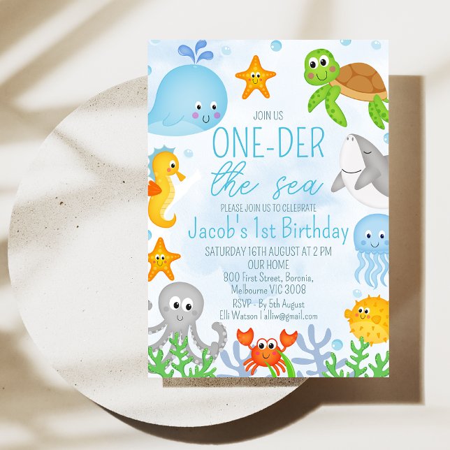 Boys Under the Sea One-der The Sea First Birthday Invitation (Boys Oneder the Sea 1st Birthday Invitation, Cute Boys First Birthday Ocean Sea Creatures Invite)