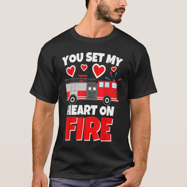 Boys Valentines Day Firetruck You Set My Heart On  T-Shirt (Front)