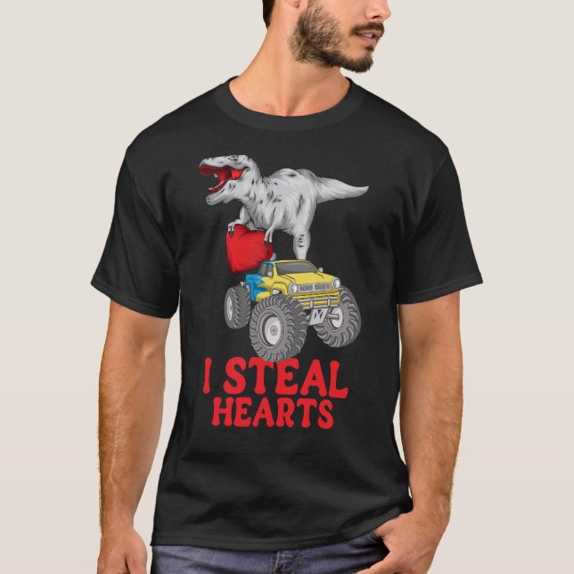 Boys Valentines Day Kids Dinosaur rex I Steal Hear T-Shirt (Front)
