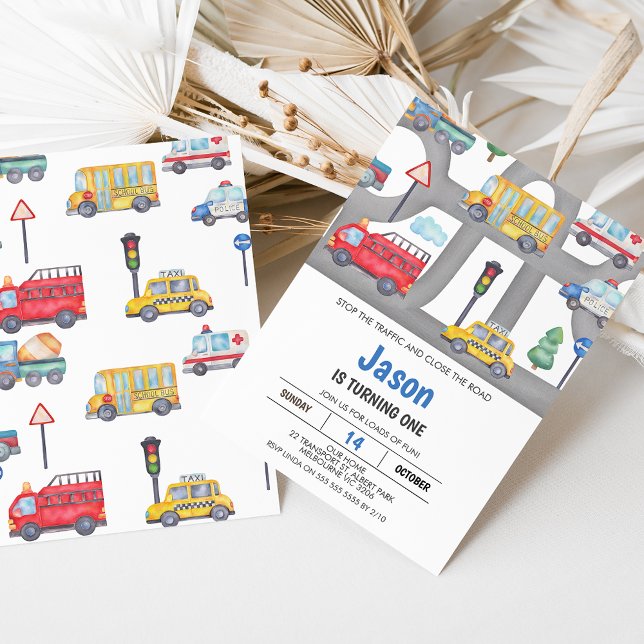 Boys Vehicles or Transport Road 1st Birthday Invitation (Cute boy's transport themed first birthday invitation featuring various vehicles and grey road.)