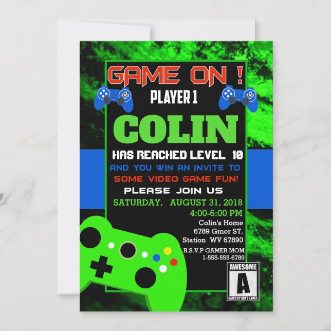 Boys Video Game Birthday Party Invitation (Front)