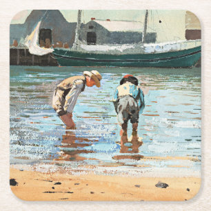Boys Wading, famous artwork by Winslow Homer Square Paper Coaster