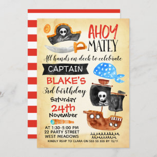 Boys Watercolor Ahoy Pirate Birthday Invitation