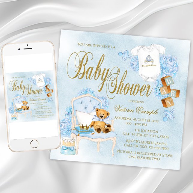 Boys Watercolor Blue Gold Baby Shower Invitations (Boy watercolor baby shower invitation. Instant download and printed invitations available.)