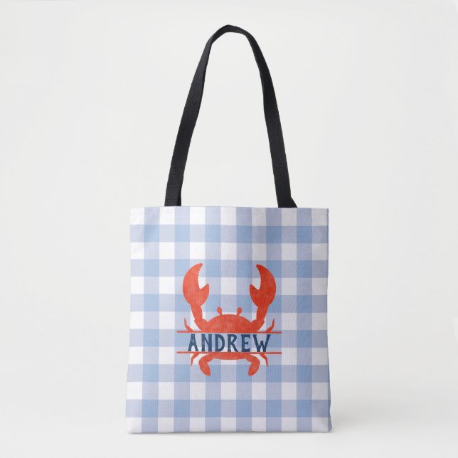 Boys Watercolor Crab Split Name Tote Bag (Front)
