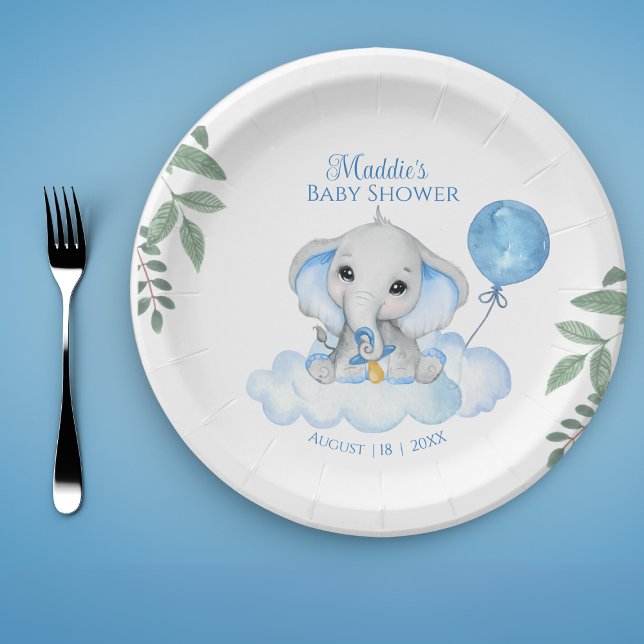 Boys Watercolor Elephant Baby Shower Paper Plate (Creator Uploaded)
