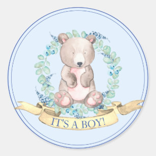 Boys Watercolor Floral Baby Bear Baby Shower Class Classic Round Sticker