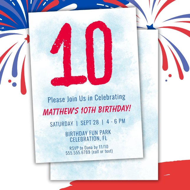 Boys Watercolor Kids Blue 10th Birthday Invitation (Creator Uploaded)