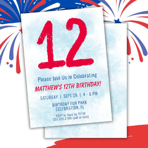 Boys Watercolor Kids Blue 12th Birthday Invitation