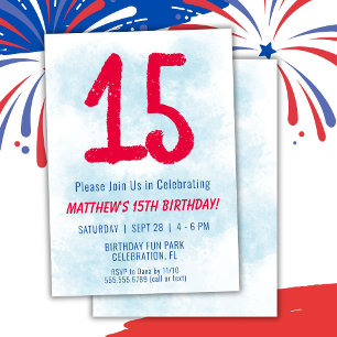 Boys Watercolor Kids Blue 15th Birthday Invitation