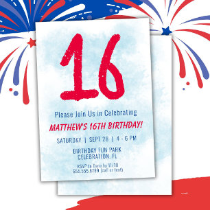 Boys Watercolor Kids Blue 16th Birthday Invitation