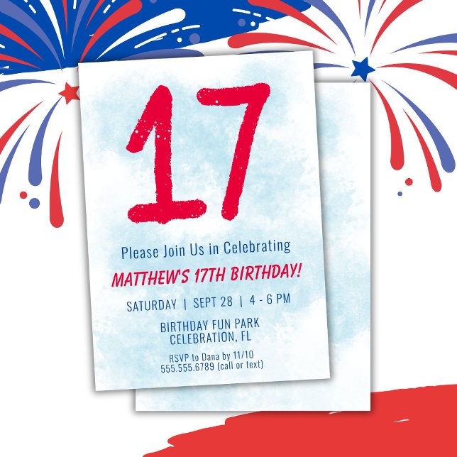 Boys Watercolor Kids Blue 17th Birthday Invitation (Creator Uploaded)