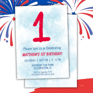 Boys Watercolor Kids Blue 1st Birthday Invitation