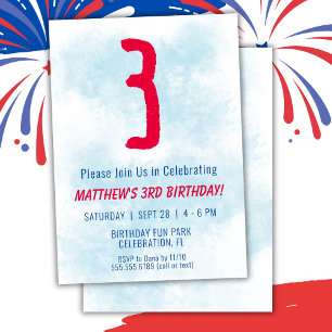 Boys Watercolor Kids Blue 3rd Birthday Invitation