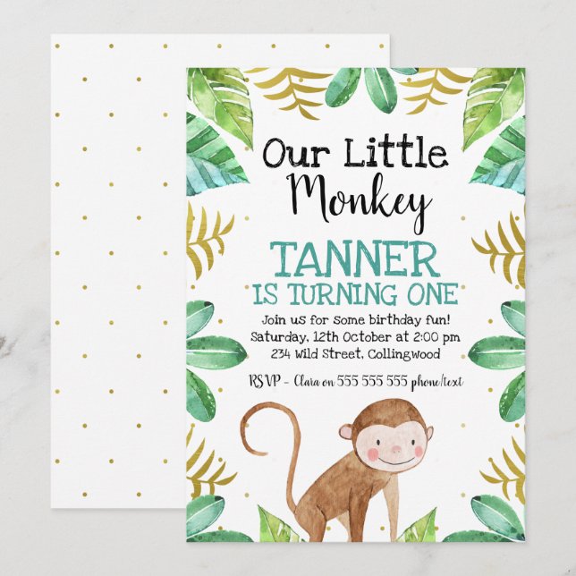 Boys Watercolor little Monkey Birthday Invitation (Front/Back)