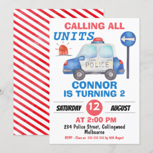 Boys Watercolor Police Car Birthday Invitation