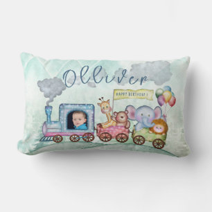Boys Watercolor Train Birthday photo Lumbar Cushion