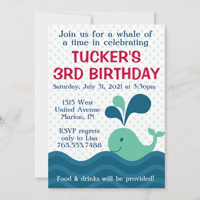 Boy's Whale Birthday Party Invitation (Front)