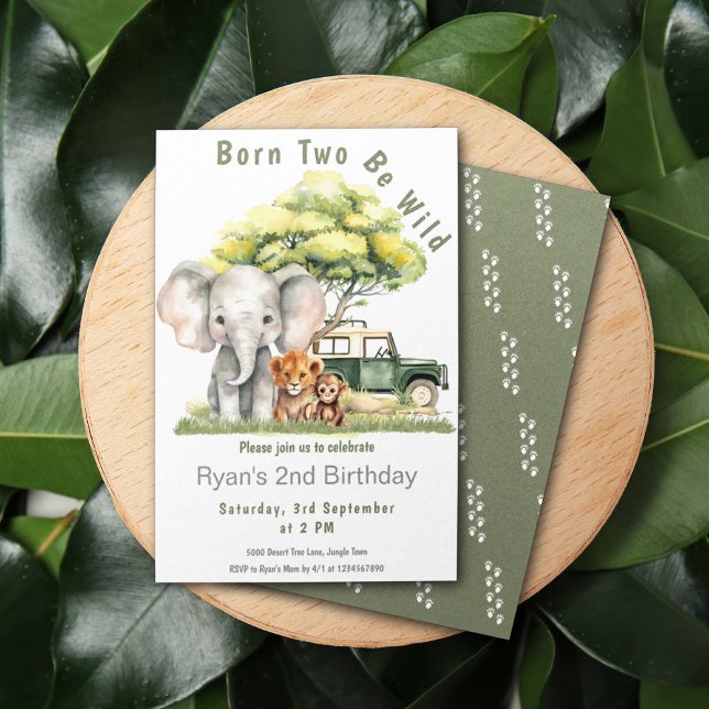 Boys Wild Jungle Safari Birthday Invitation (Safari Jungle Elephant Tiger Monkey Safari Car Birthday Invitation)