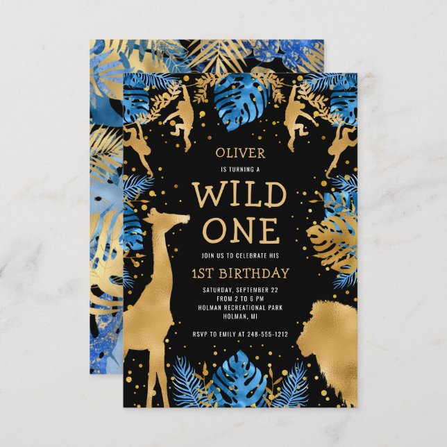 Boys Wild One 1st Birthday Blue Black Safari Invitation (Front/Back)