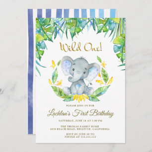 Boys Wild One Safari Baby Elephant 1st Birthday Invitation