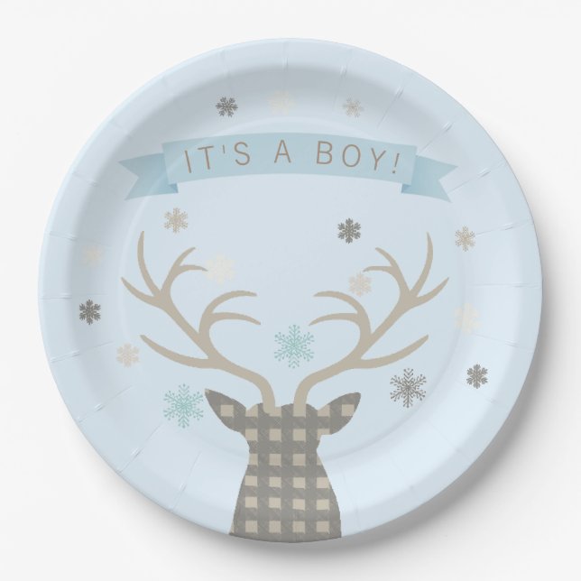 Boys Winter Wonderland Woodland Deer Baby Shower Paper Plate (Front)