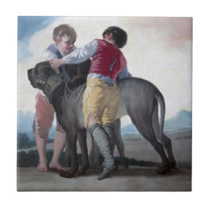 Boys With a Mastiff Dog (by Francisco Goya) Ceramic Tile