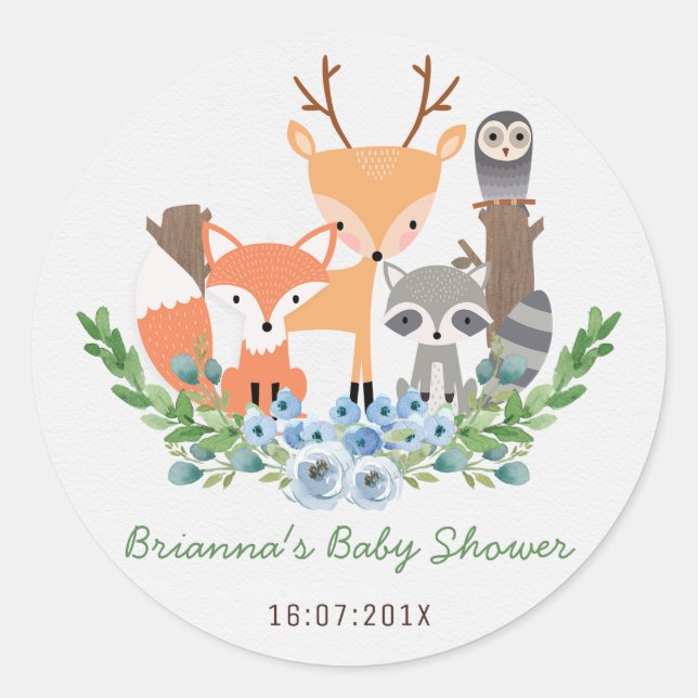 Boys Woodland Animals Baby Shower Sticker (Front)