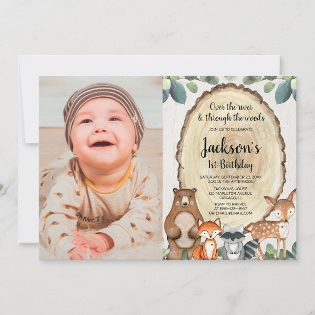 Boys woodland animals first 1st birthday photo invitation (Front)