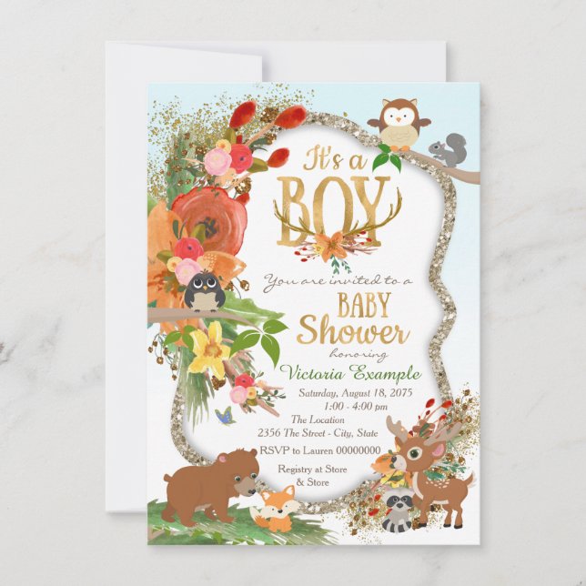 Boys Woodland Antler Baby Shower Invitation (Front)