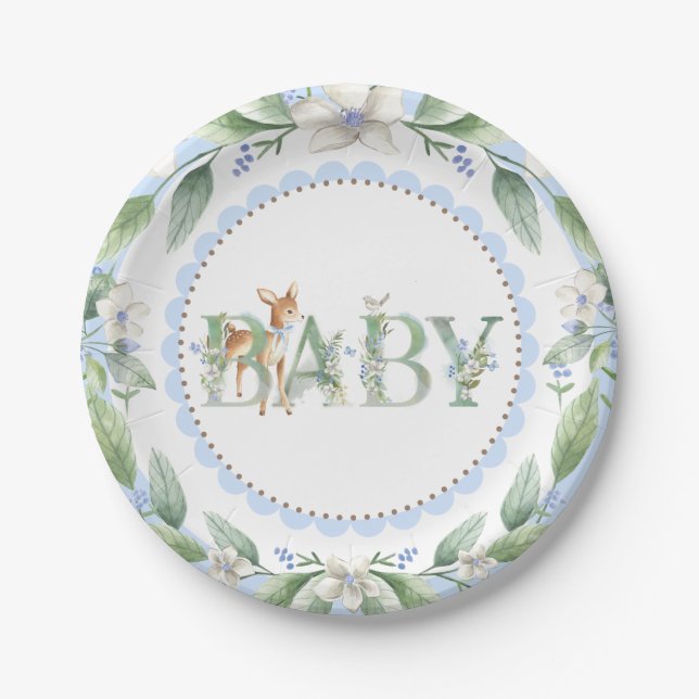 Boys Woodland Deer Baby Shower Paper Plates (Front)