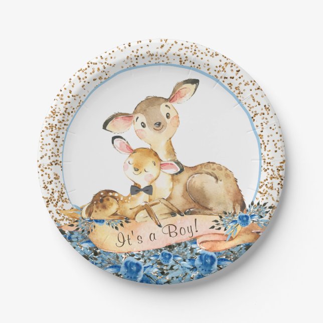 Boys Woodland Deer Baby Shower Paper Plates (Front)