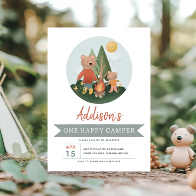 Boys WoodlandOne Happy Camper Bear 1st Birthday Invitation (Creator Uploaded)
