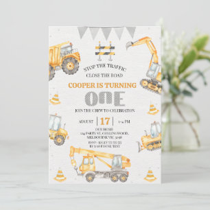 Boys Yellow Bunting Construction 1st Birthday  Invitation