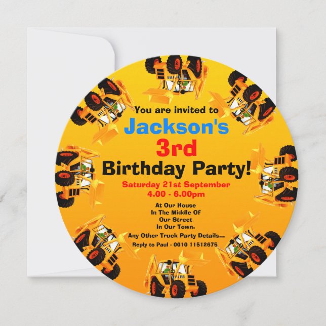 Boys Yellow Digger 3rd Birthday Construction Party Invitation (Front)