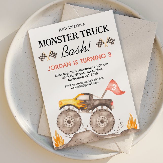 Boys Yellow Monster Truck Bash Birthday Invitation (Boys Monster Truck Birthday Invitation, Monster Truck Bash Birthday Invitation Any Age, Truck Themed)