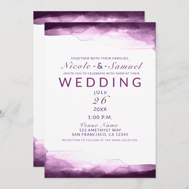Boysenberry Purple Watercolor Chic Modern Wedding Invitation (Front/Back)