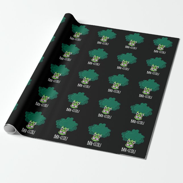 Bra-ccoli Funny Veggie Broccoli Bra Pun Dark BG Wrapping Paper (Unrolled)