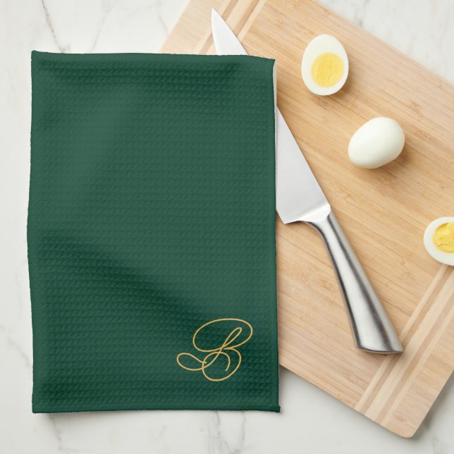 Brabded Green & Gold Monogram Initial  Tea Towel (Quarter Fold)