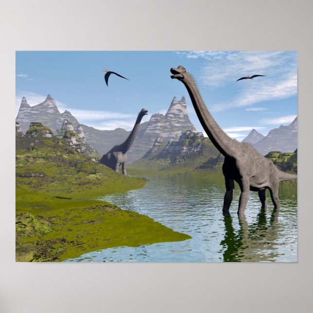 Brachiosaurus dinosaurs in water - 3D render Poster (Front)