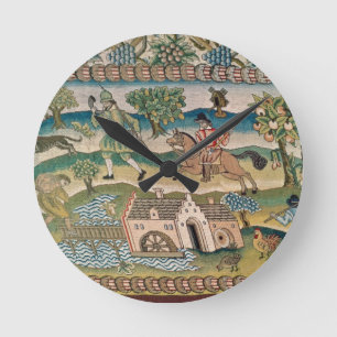 Bradford Table Carpet, detail of scenes of rural l Round Clock