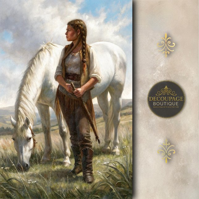 Braided Girl With White Horse Meadow Decoupage Tissue Paper (Braided Girl With White Horse Meadow Decoupage Tissue Paper)