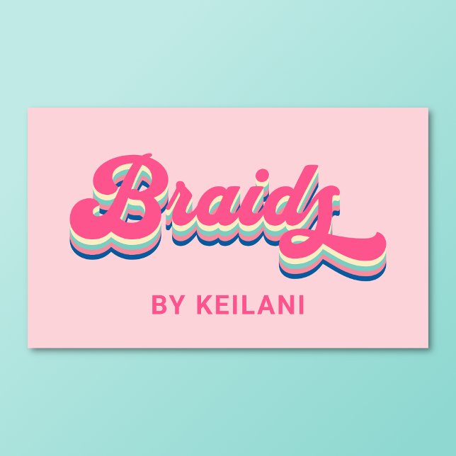 Braids Braiding Braider Groovy Retro Colourful Business Card (Braids retro business card on a turquoise background.)